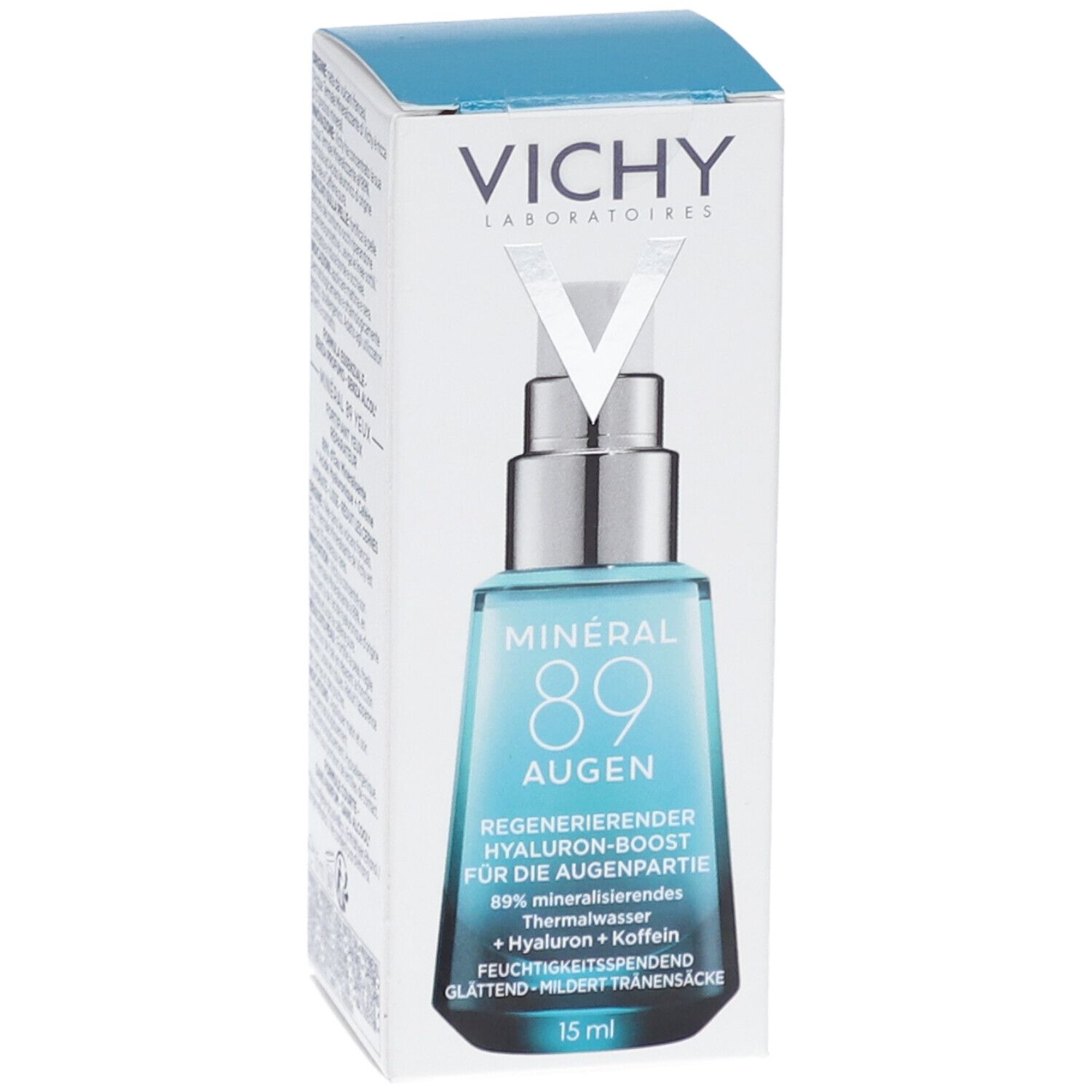 Vichy Mineral 89 Eyes in verpakking. Tekst: Mineral 89, 15 ml. Witte verpakking.