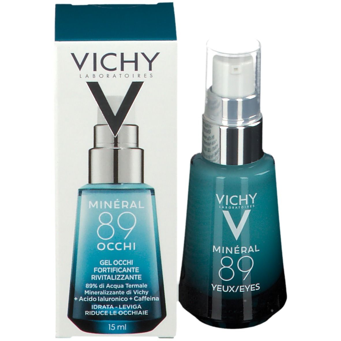 Vichy Mineral 89 Occhi en verpakking. Tekst: Mineral 89, 15 ml. Witte verpakking.