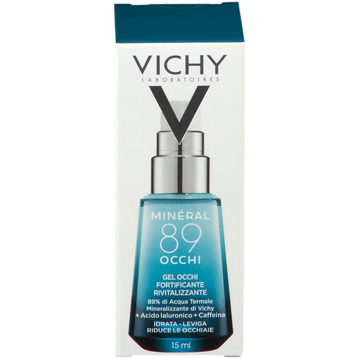 Vichy Mineral 89 Eyes en verpakking. Tekst: Mineral 89, 15 ml. Witte verpakking.