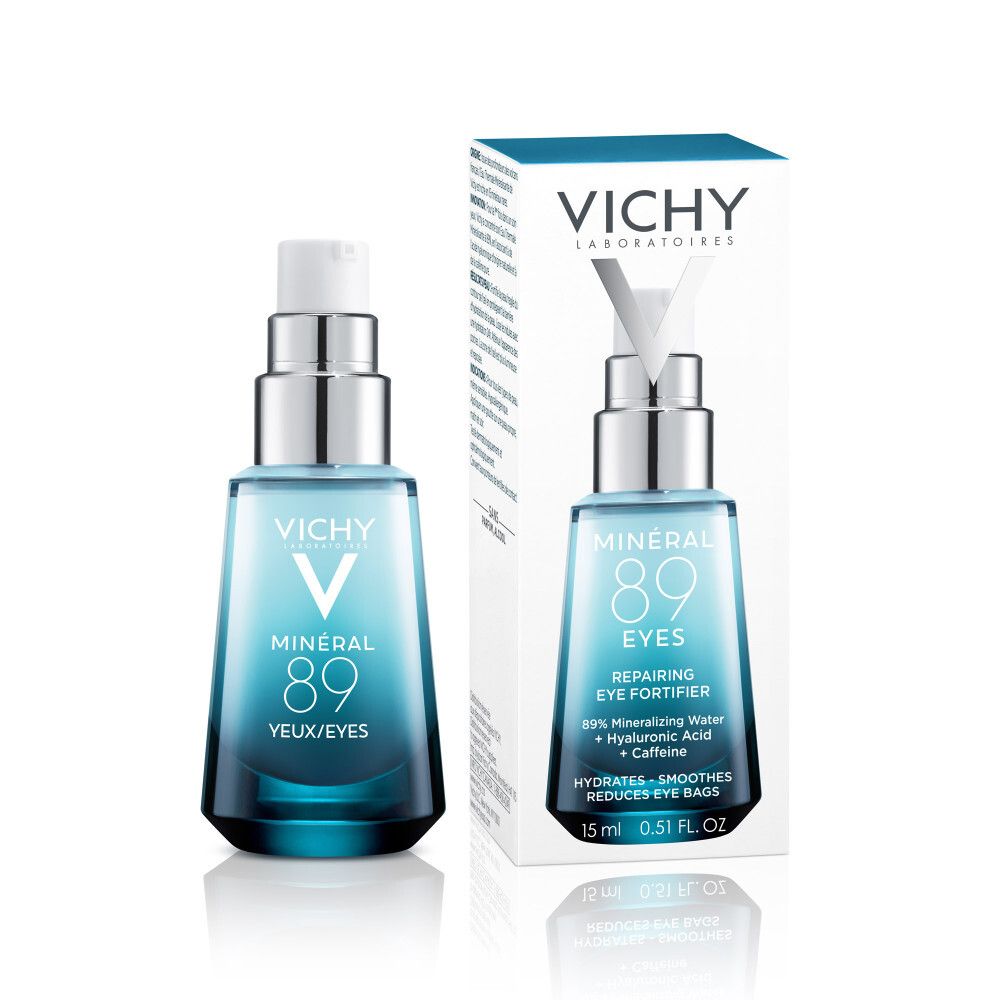 Vichy Mineral 89 Eyes in verpakking. Fles met tekst: Mineral 89, 15 ml. Witte verpakking.