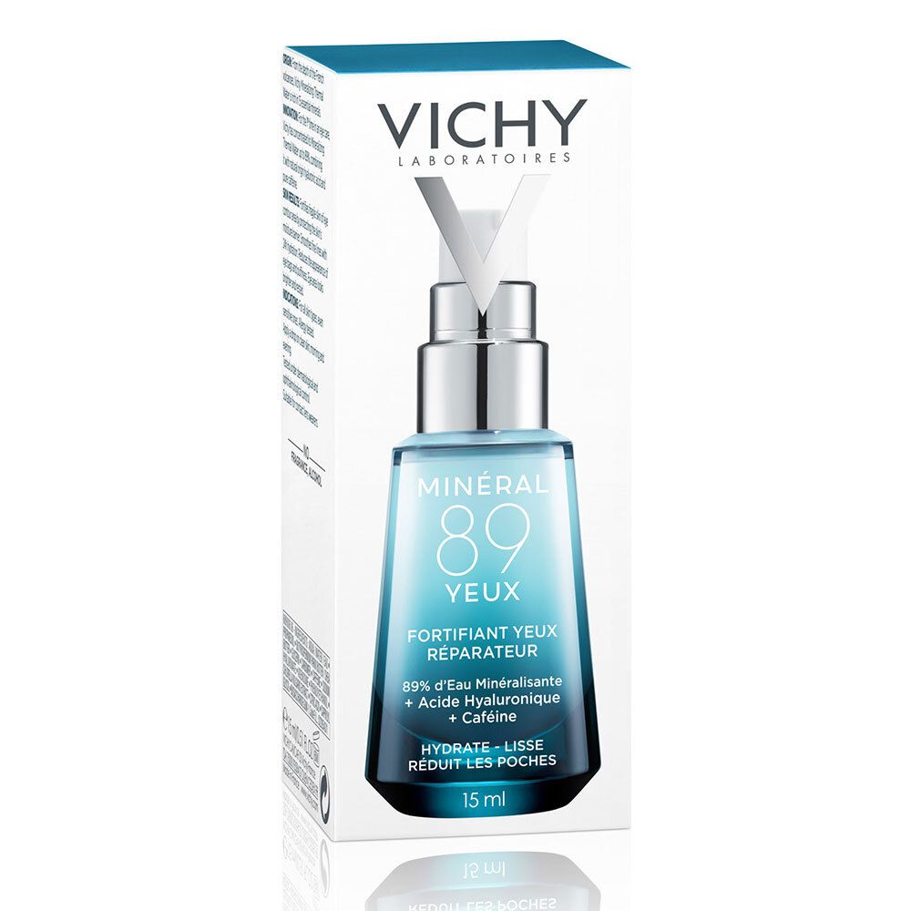 Vichy Mineral 89 Eyes in verpakking. Fles met tekst: Mineral 89, 15 ml. Witte verpakking.