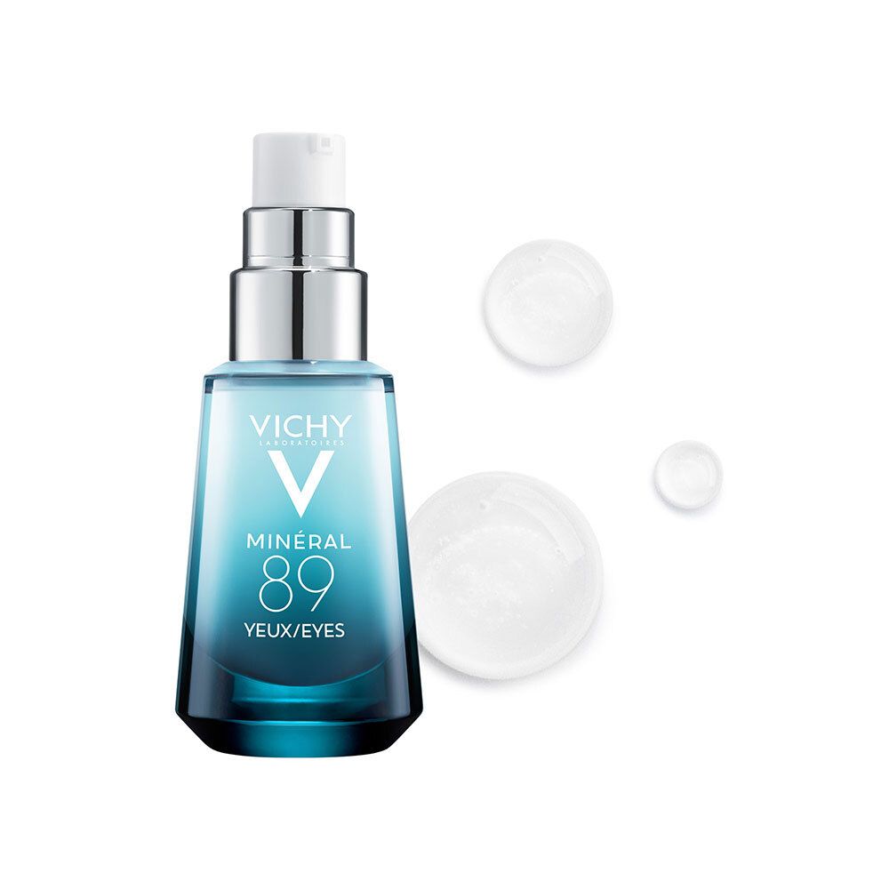 Vichy Mineral 89 Eyes. Blauwe fles met druppels. Tekst: Mineral 89, Yeux/Eyes.