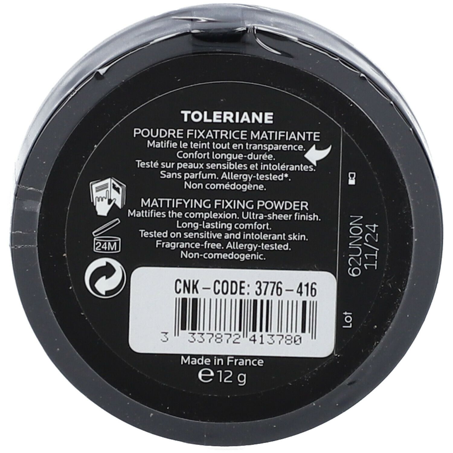 Boîtier rond noir avec texte. Inscription : TOLERIANE, POUDRE FIXATRICE MATIFIANTE, 12g, Made in France.