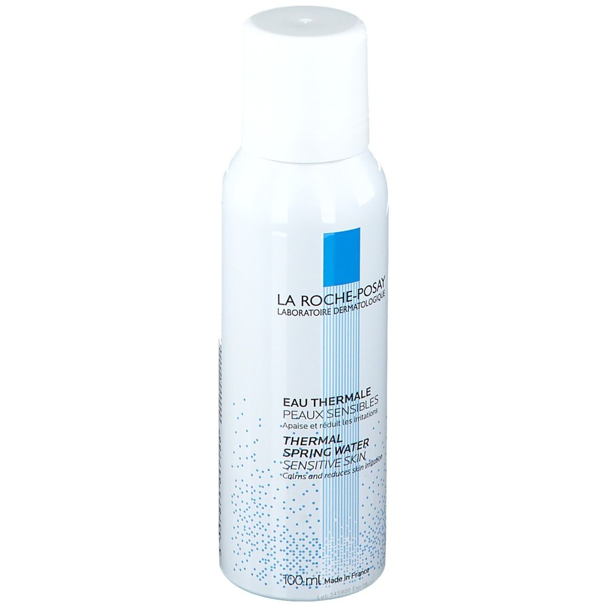 Weiße Sprühflasche. Blaue Schrift: LA ROCHE-POSAY, Eau Thermale, Peaux Sensibles, Thermal Spring Water, Sensitive Skin. Made in France.