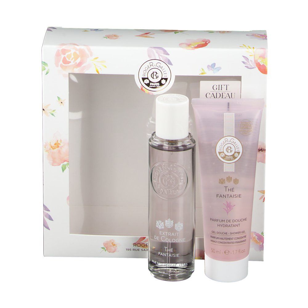 Coffret cadeau ROGER & GALLET. Contient un flacon et un gel douche. Emballage floral avec fenêtre.