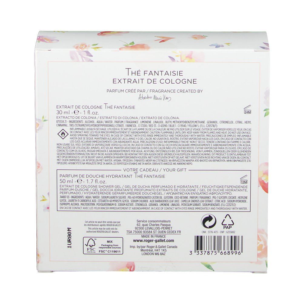 Dos de l'emballage du coffret cadeau. Texte avec informations sur le produit et ingrédients. ROGER & GALLET.