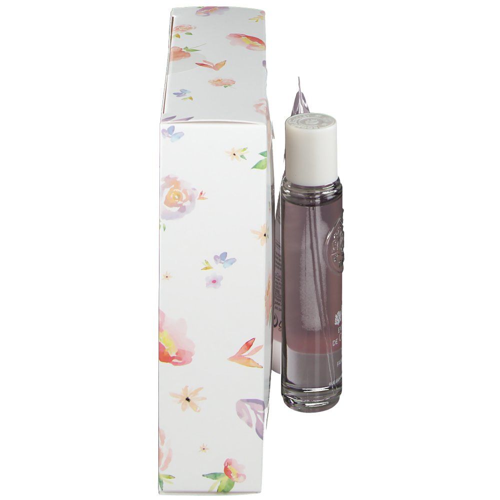 Emballage de coffret cadeau floral. Flacon à côté de l'emballage. Marque ROGER & GALLET.