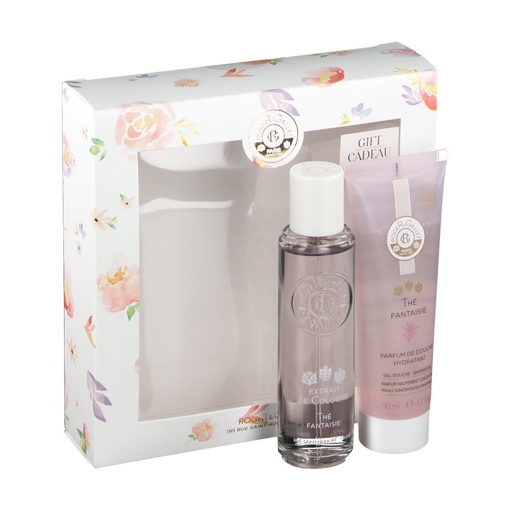 Coffret cadeau avec flacon et gel douche. Emballage floral avec fenêtre. Marque ROGER & GALLET.