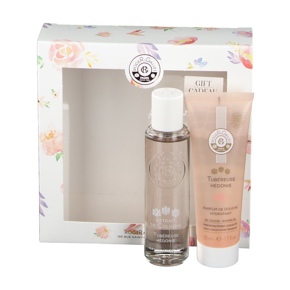 Cadeauset met fles en tube. Verpakking met bloemmotief en venster. Logo en tekst ROGER & GALLET.