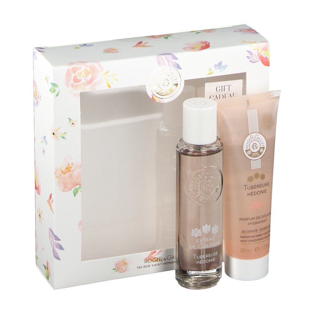 Cadeauset met fles en tube. Verpakking met bloemmotief en venster. ROGER & GALLET logo.