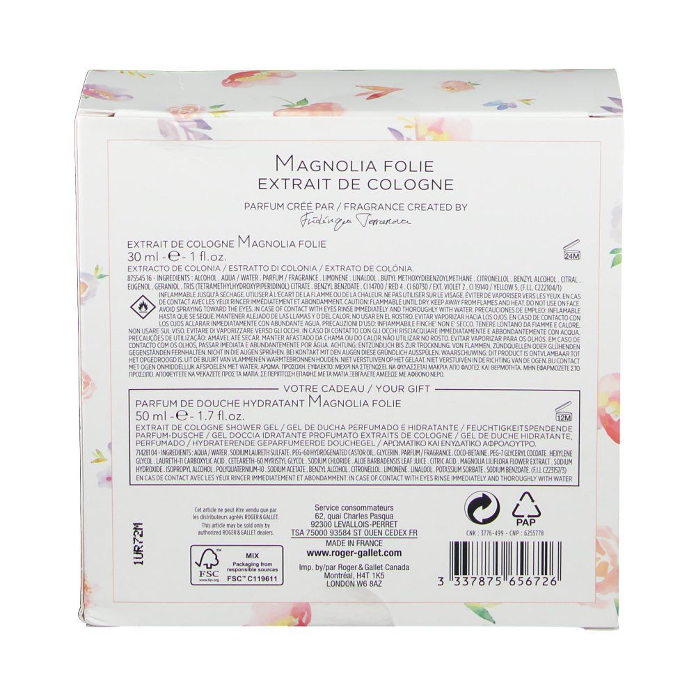 Rückseite der Geschenkbox mit Text. Text: Magnolia Folie, Extrait de Cologne, Parfum de Douche Hydratant. Inhaltsstoffe, Herstellerinformationen.