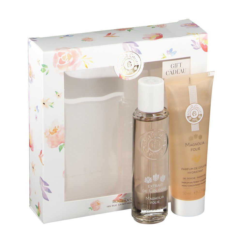 Geschenkset mit Flakon und Tube in floraler Verpackung. Text: ROGER & GALLET, Magnolia Folie, Extrait de Cologne, Parfum de Douche Hydratant.