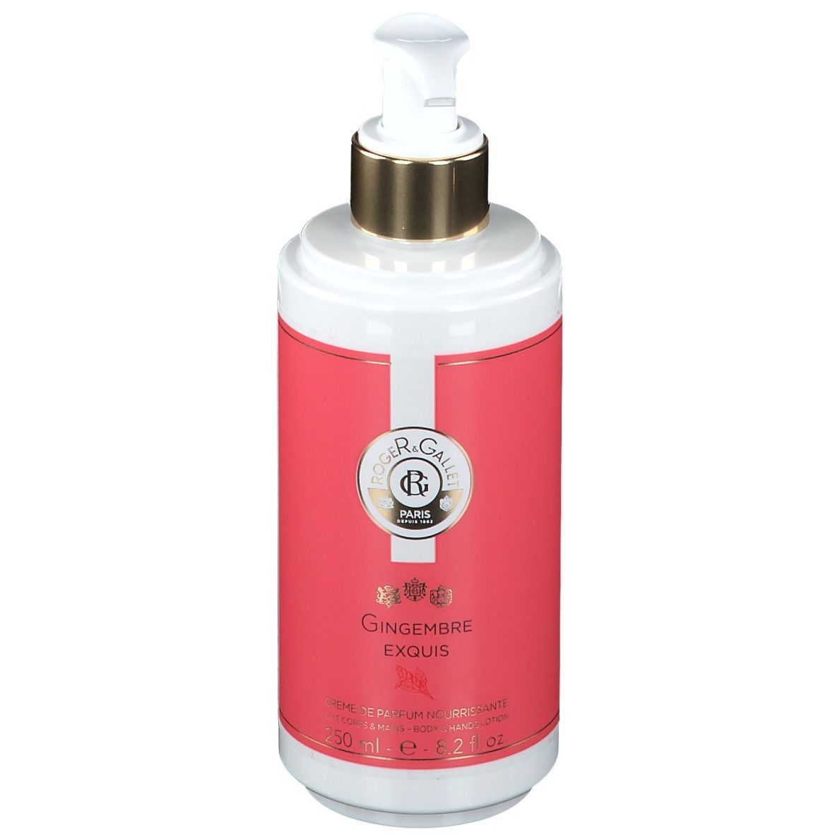 Flacon blanc et rose avec pompe doseuse. Inscription: Roger & Gallet, Gingembre Exquis. Contenance: 50 ml.