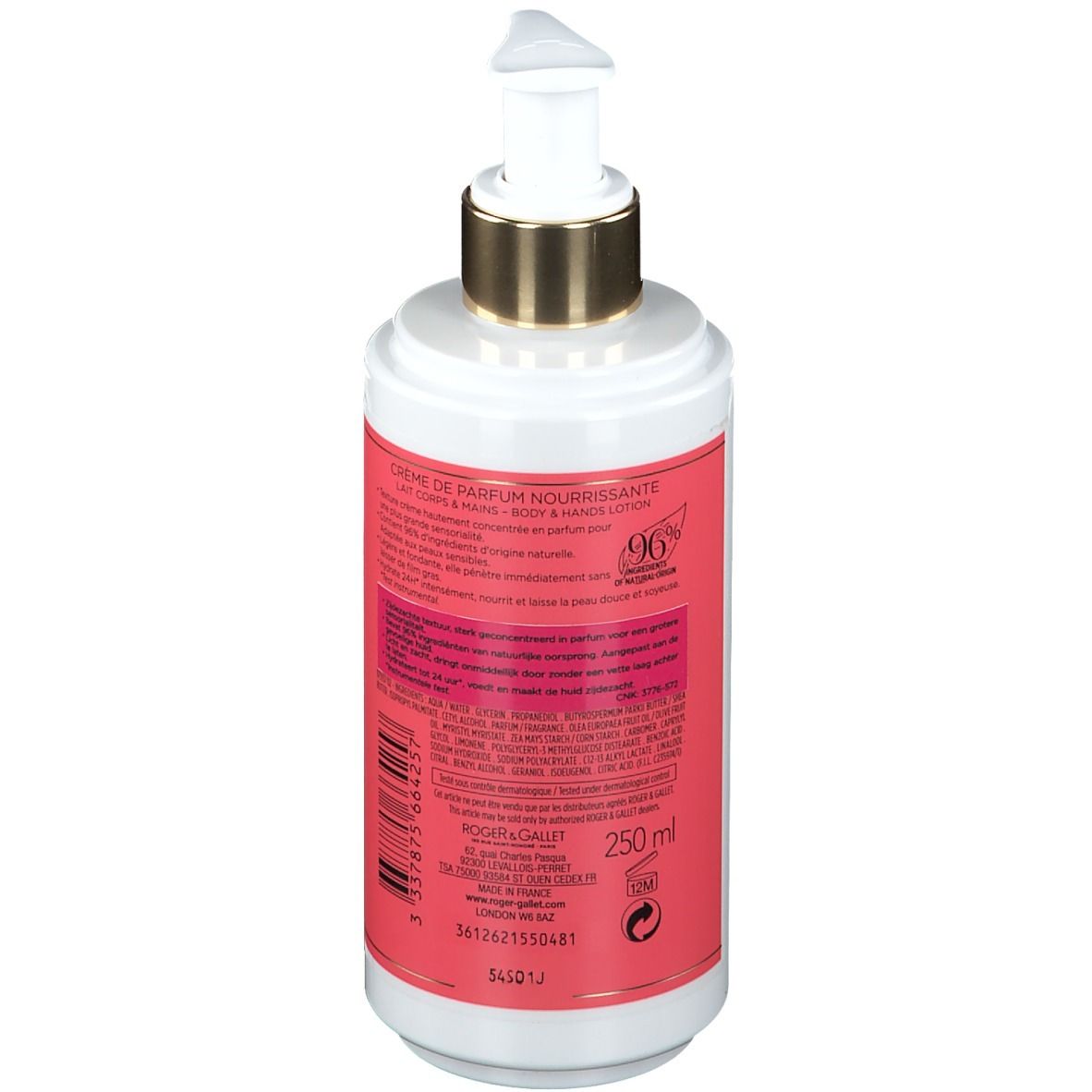 Dos d'un flacon blanc et rose avec pompe doseuse. Texte: Creme de Parfum Nourrissante. Contenance: 250 ml.