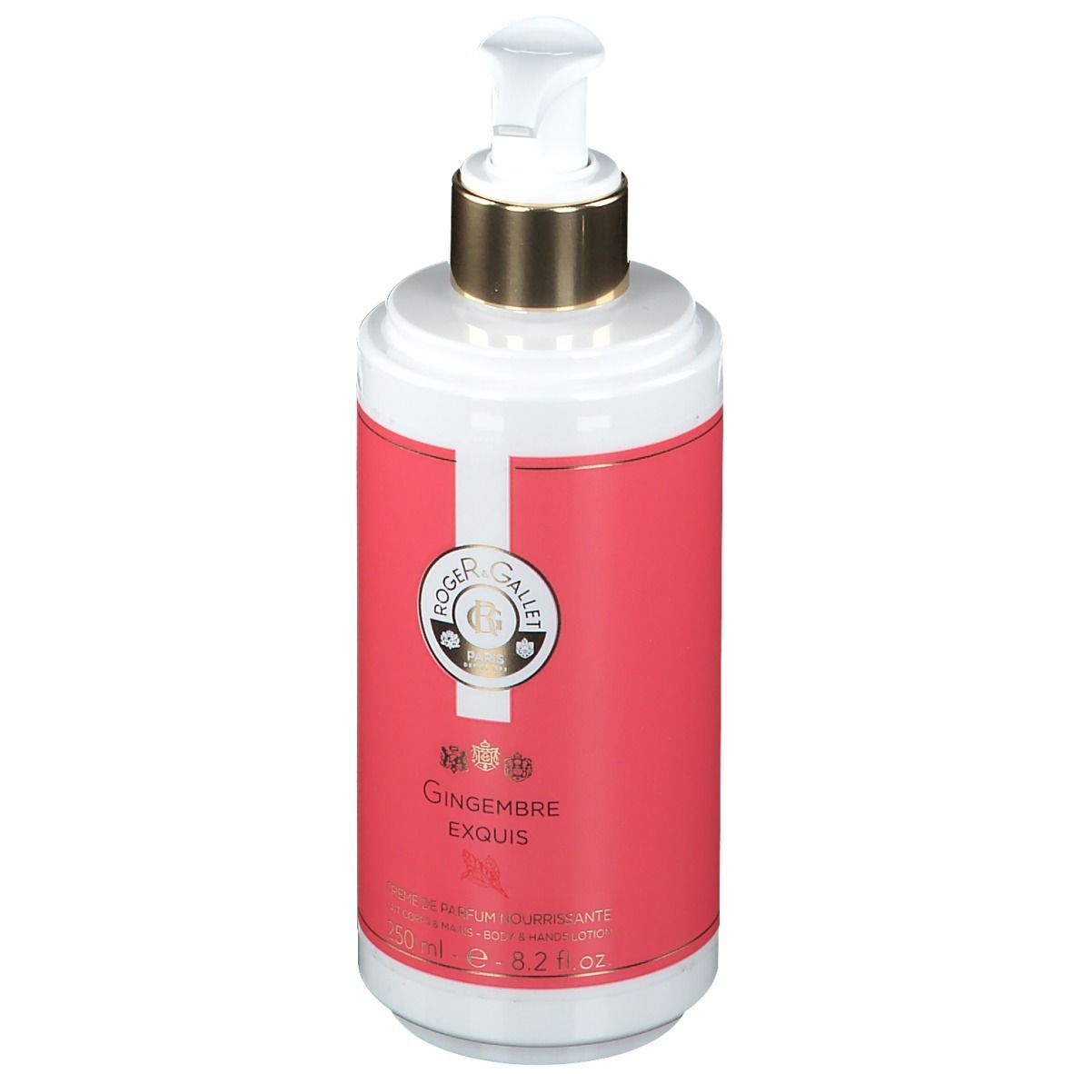 Flacon blanc et rose avec pompe doseuse. Inscription: Roger & Gallet, Gingembre Exquis. Contenance: 250 ml.