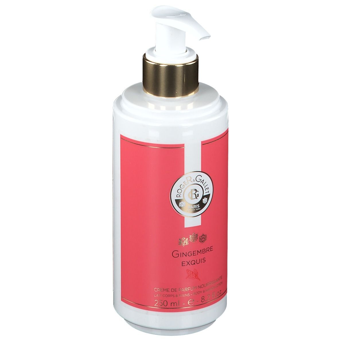 Flacon blanc et rose avec pompe doseuse. Inscription: Roger & Gallet, Gingembre Exquis. Contenance: 250 ml.
