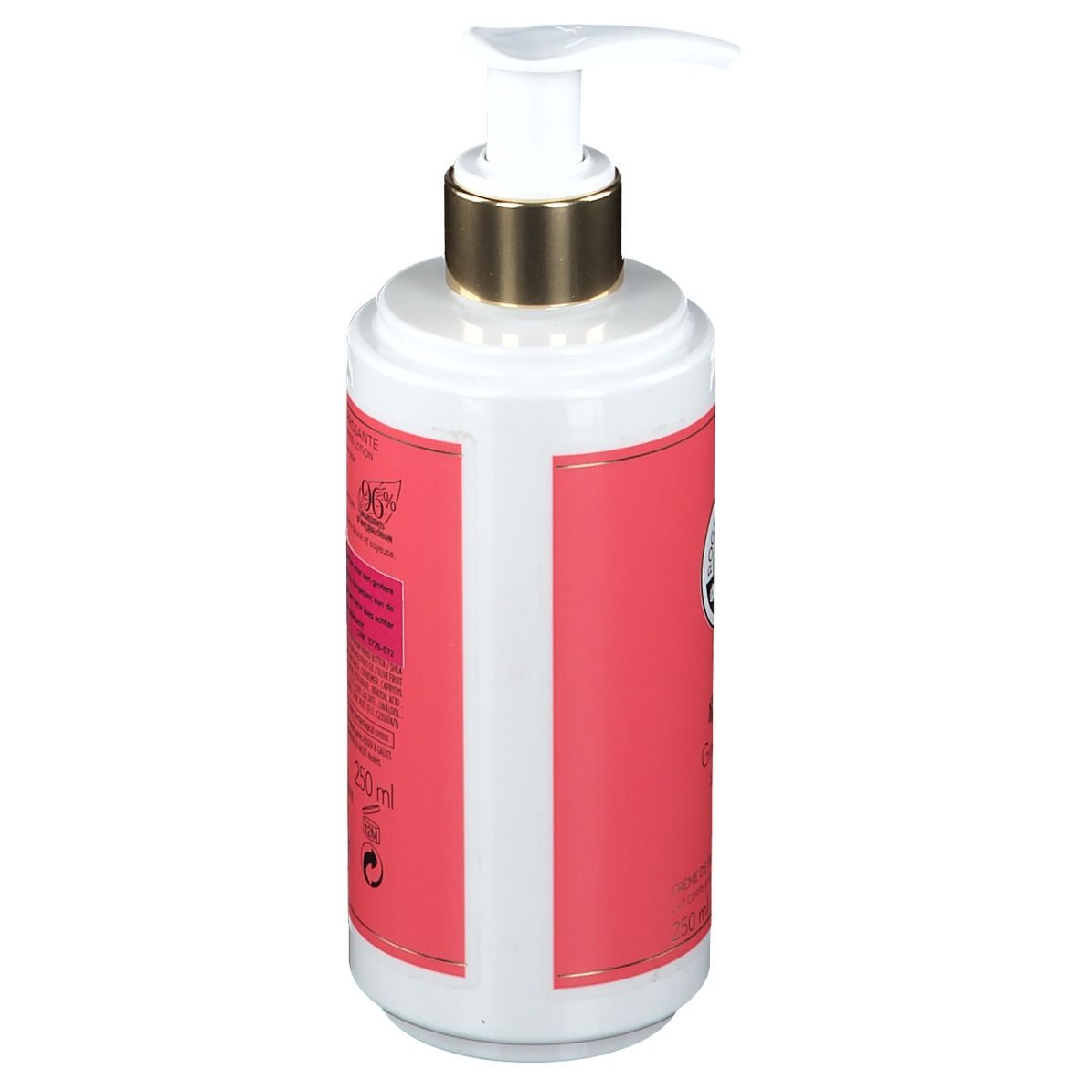 Côté d'un flacon blanc et rose avec pompe doseuse. Texte et logo. Contenance: 250 ml.