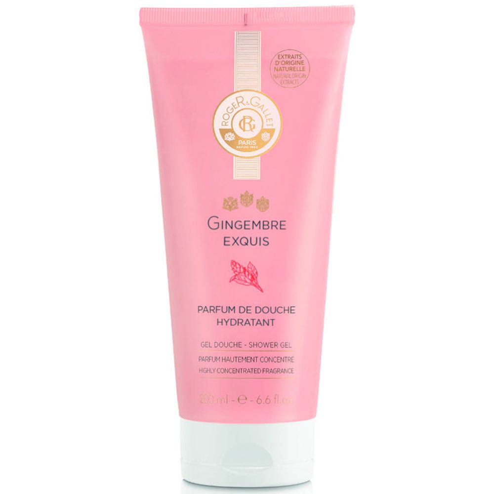 Roze douchegel tube. Logo en tekst. "Gingembre Exquis" en "Parfum de Douche Hydratant".