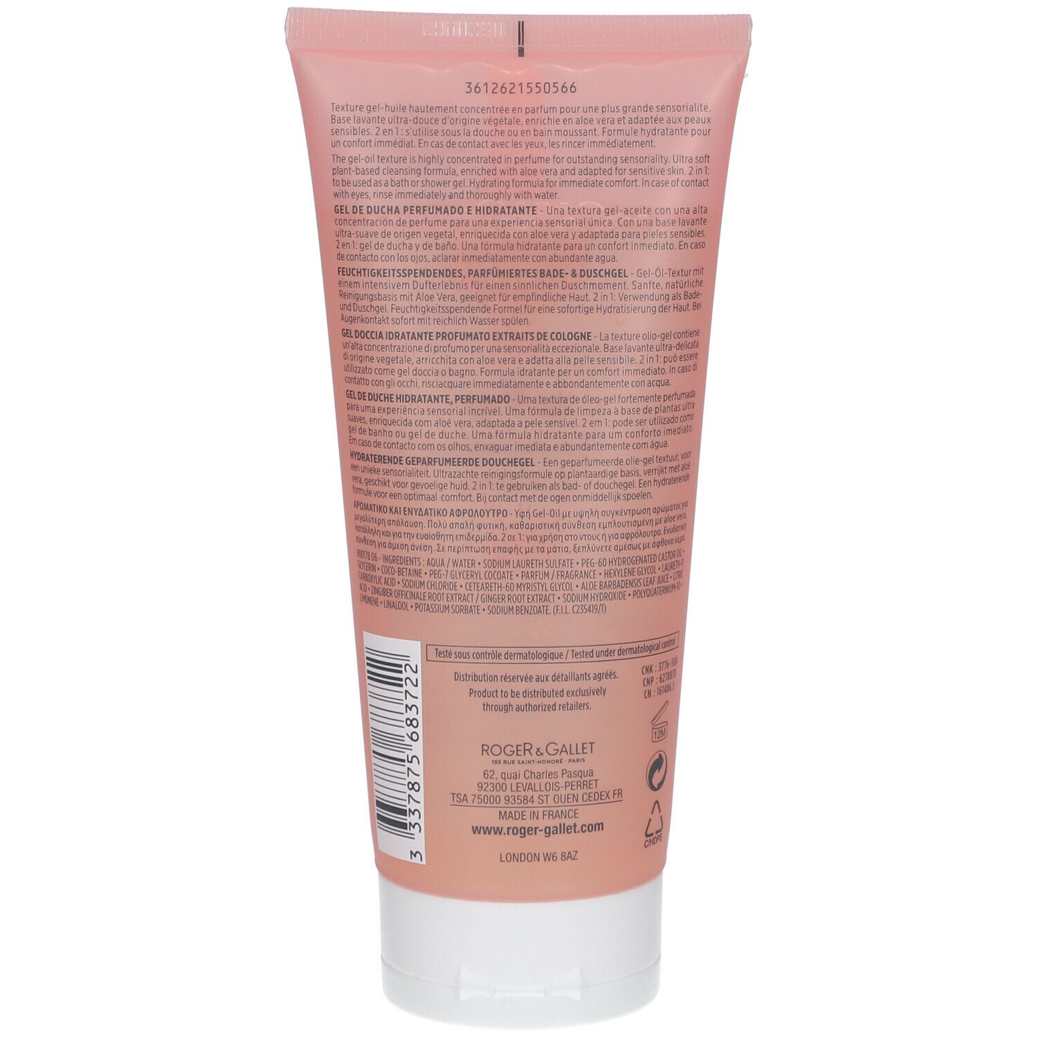Achterkant van een roze douchegel tube. Tekst en barcode. Logo Roger & Gallet.