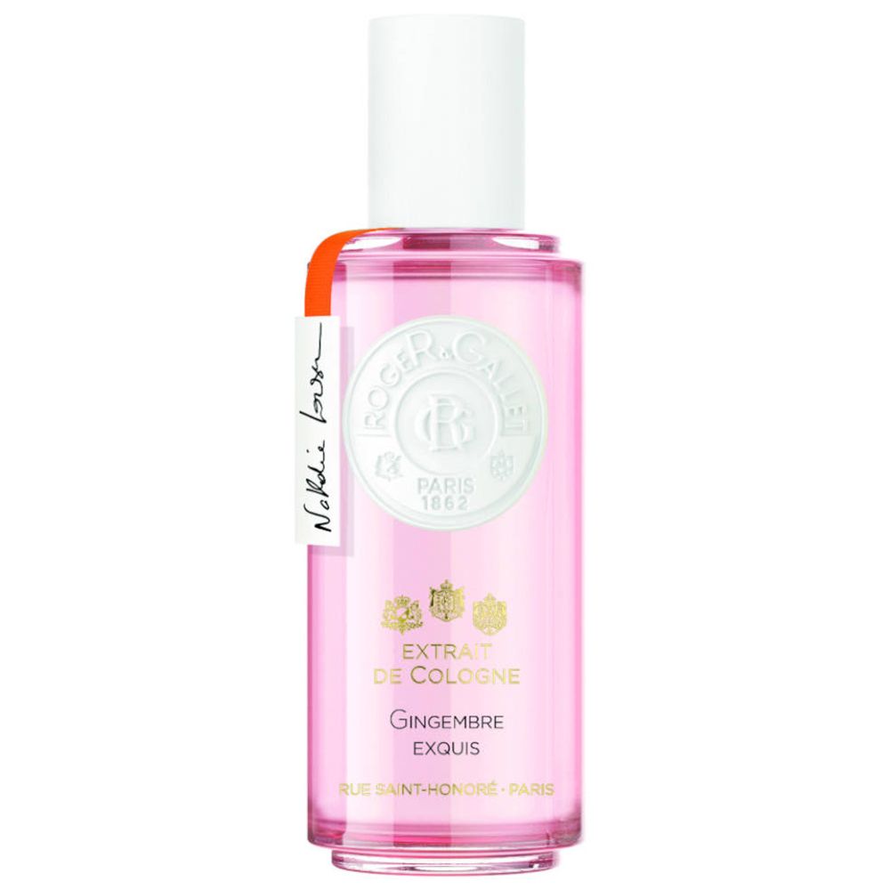 Roze fles met witte dop. Label met tekst: Roger & Gallet, Extrait de Cologne, Gingembre Exquis.