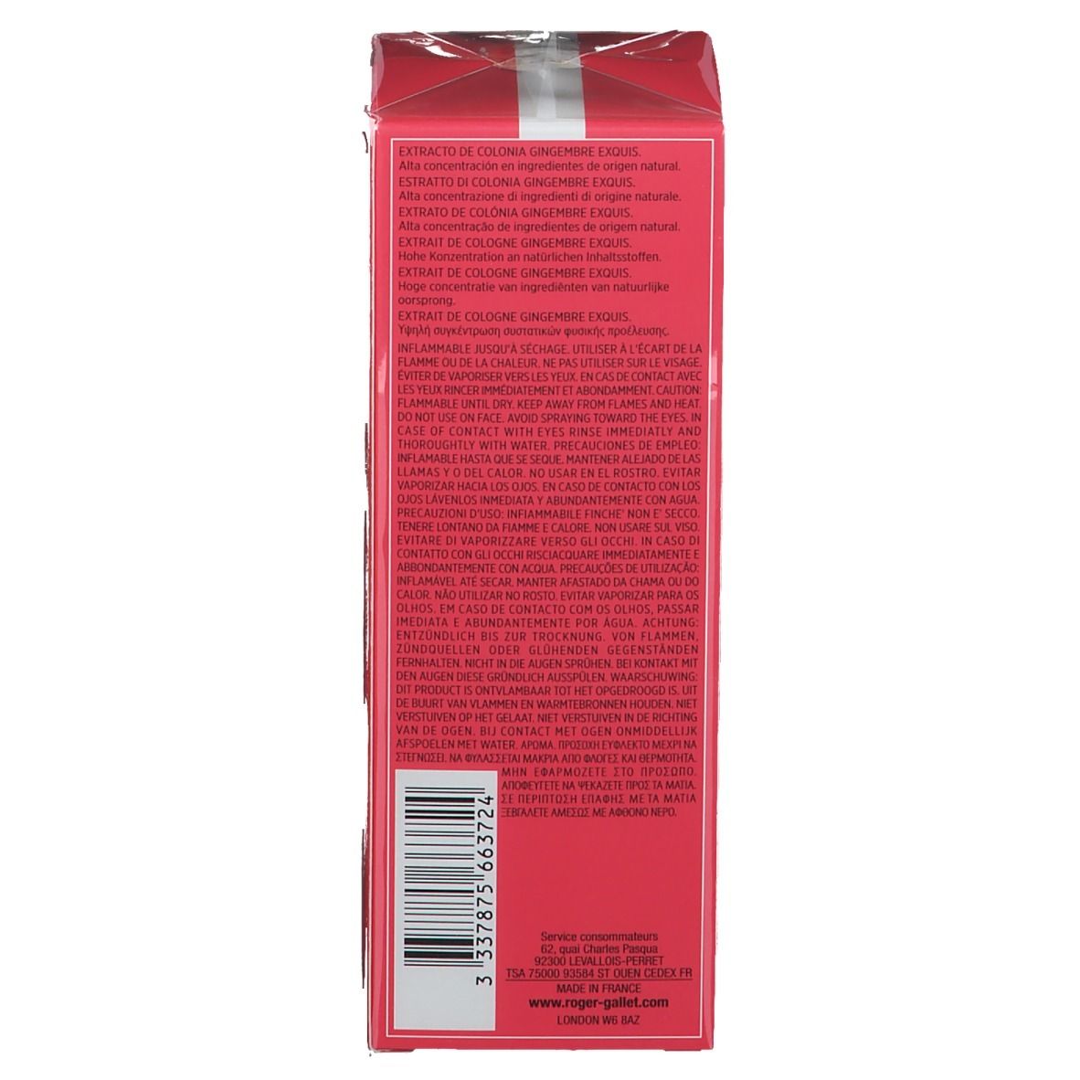 Achterkant van de rode doos. Tekst in meerdere talen, waaronder waarschuwingen en ingrediënten.