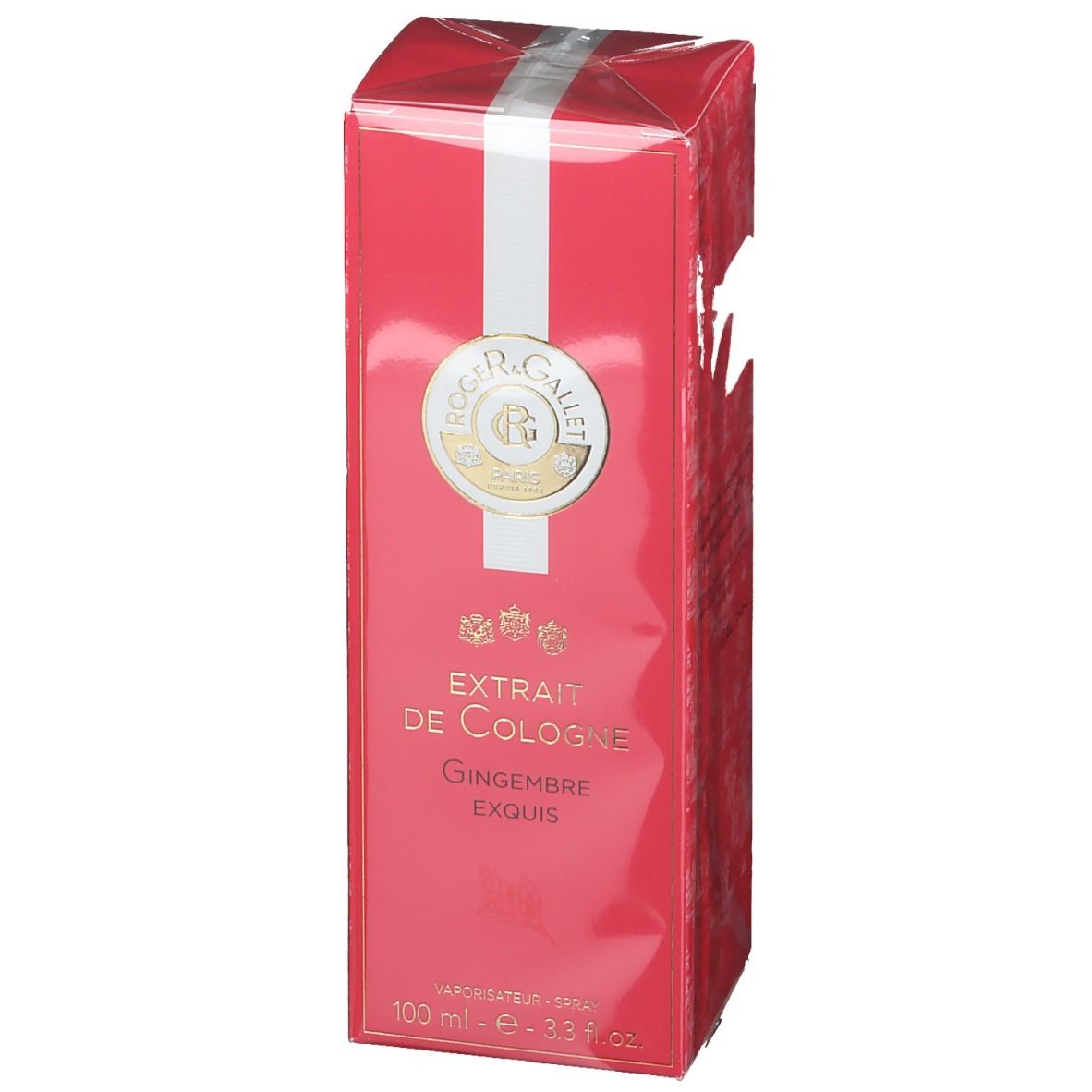 Rode doos met witte streep. Tekst: Roger & Gallet, Extrait de Cologne, Gingembre Exquis.