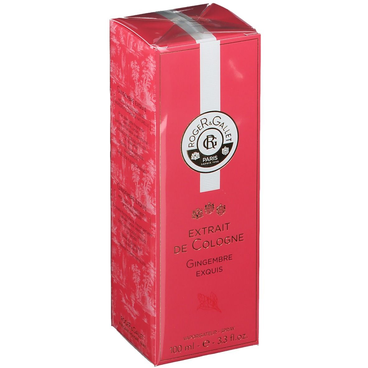 Rode doos met witte streep. Tekst: Roger & Gallet, Extrait de Cologne, Gingembre Exquis.
