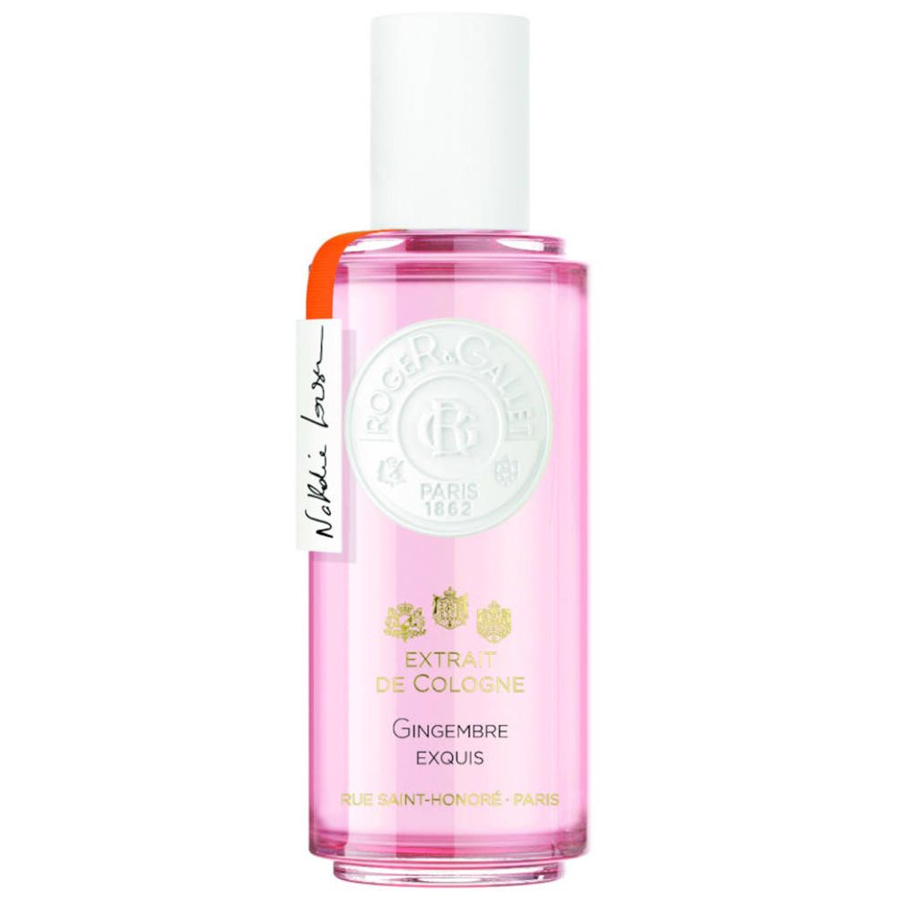 Flacon rose avec bouchon blanc. Inscription: Roger & Gallet, Paris. Étiquette: Gingembre Exquis.