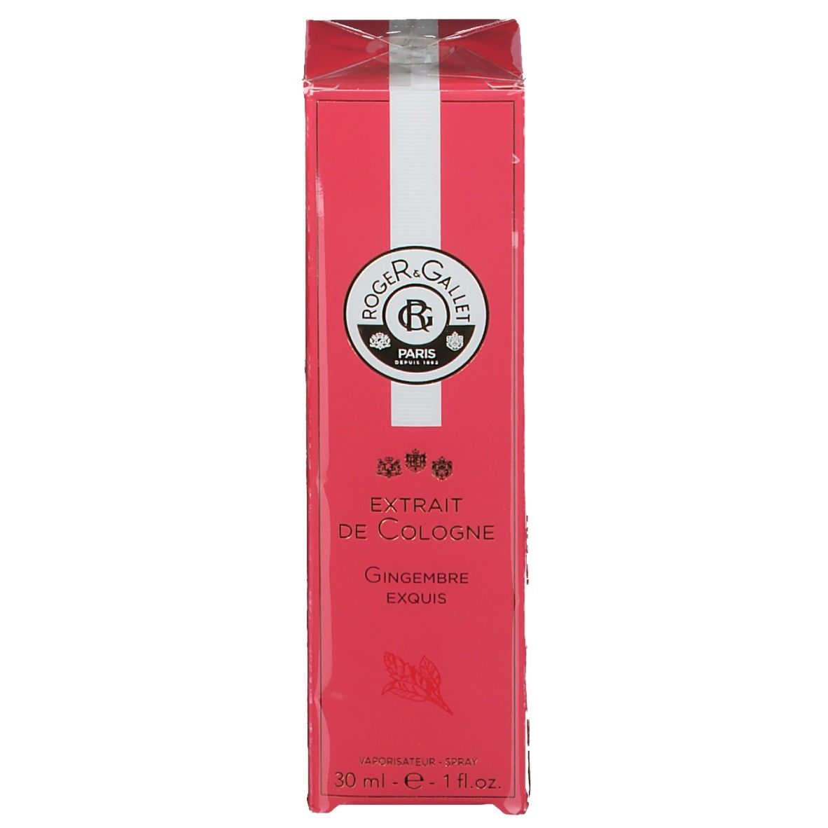 Boîte rose avec bande blanche. Inscription: Roger & Gallet, Paris. Nom du produit et volume.