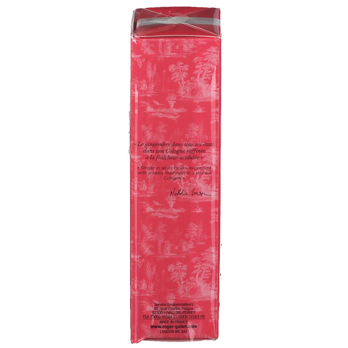 Dos de la boîte rose. Texte en français. Motif paysager.