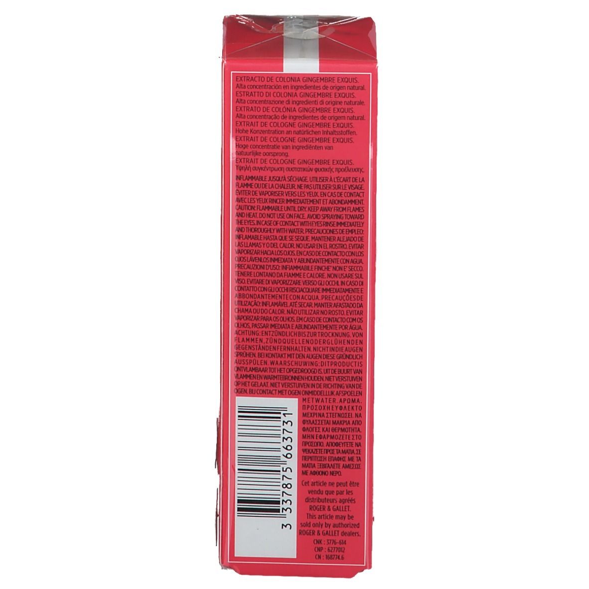 Côté de la boîte rose. Texte multilingue. Code-barres.