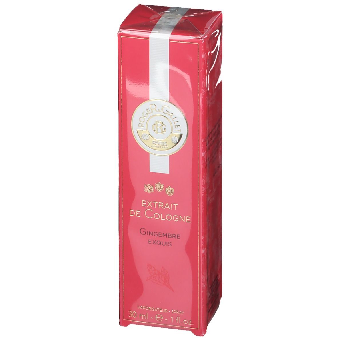 Boîte rose avec bande blanche. Inscription: Roger & Gallet, Paris. Nom du produit et volume.