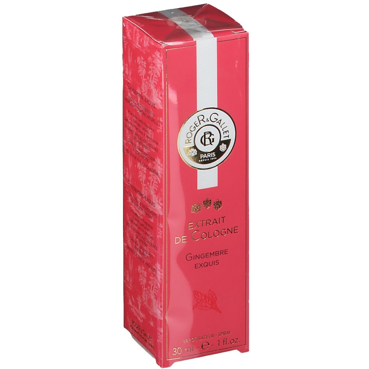 Boîte rose avec bande blanche. Inscription: Roger & Gallet, Paris. Nom du produit et volume.