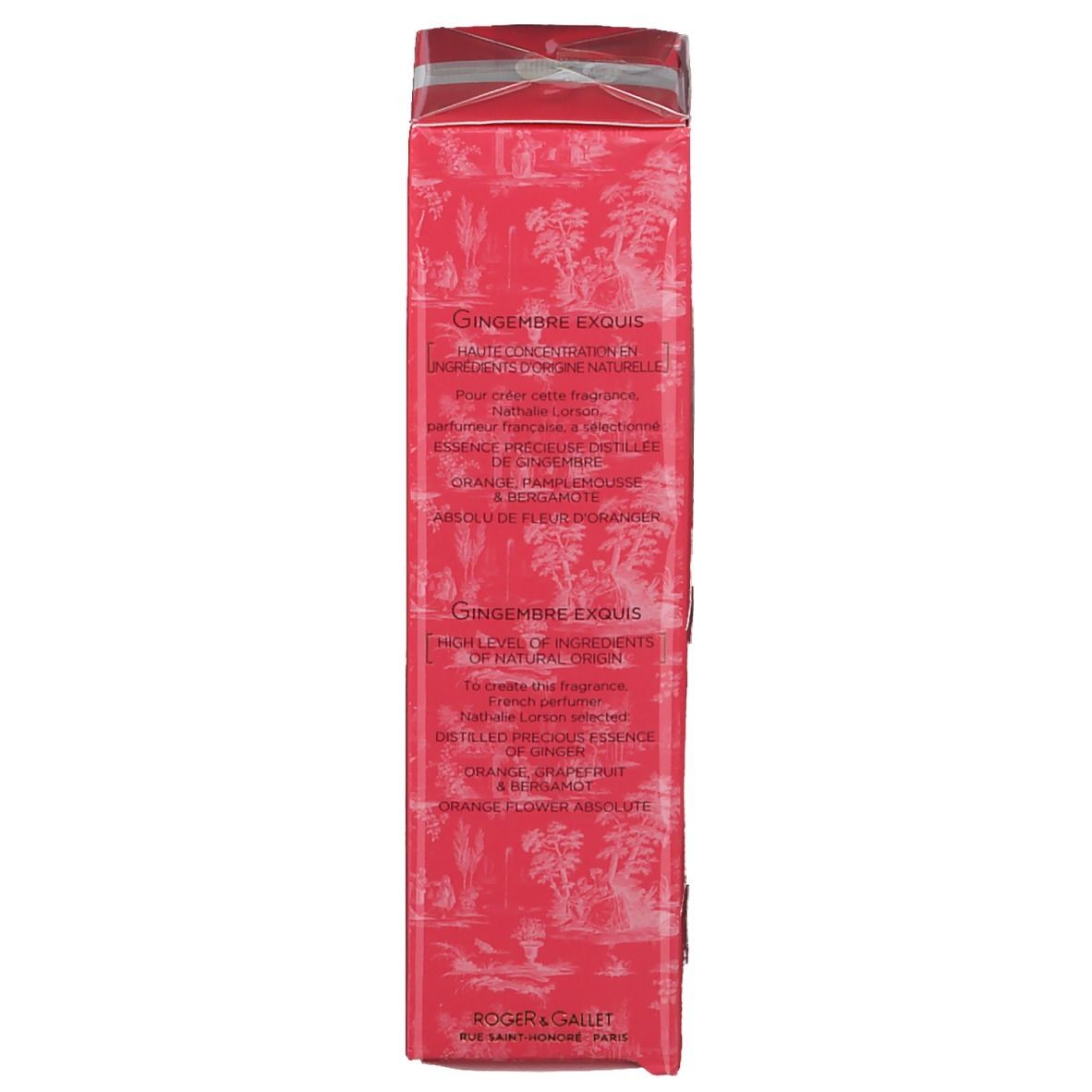 Côté de la boîte rose. Texte en français. Motif paysager.