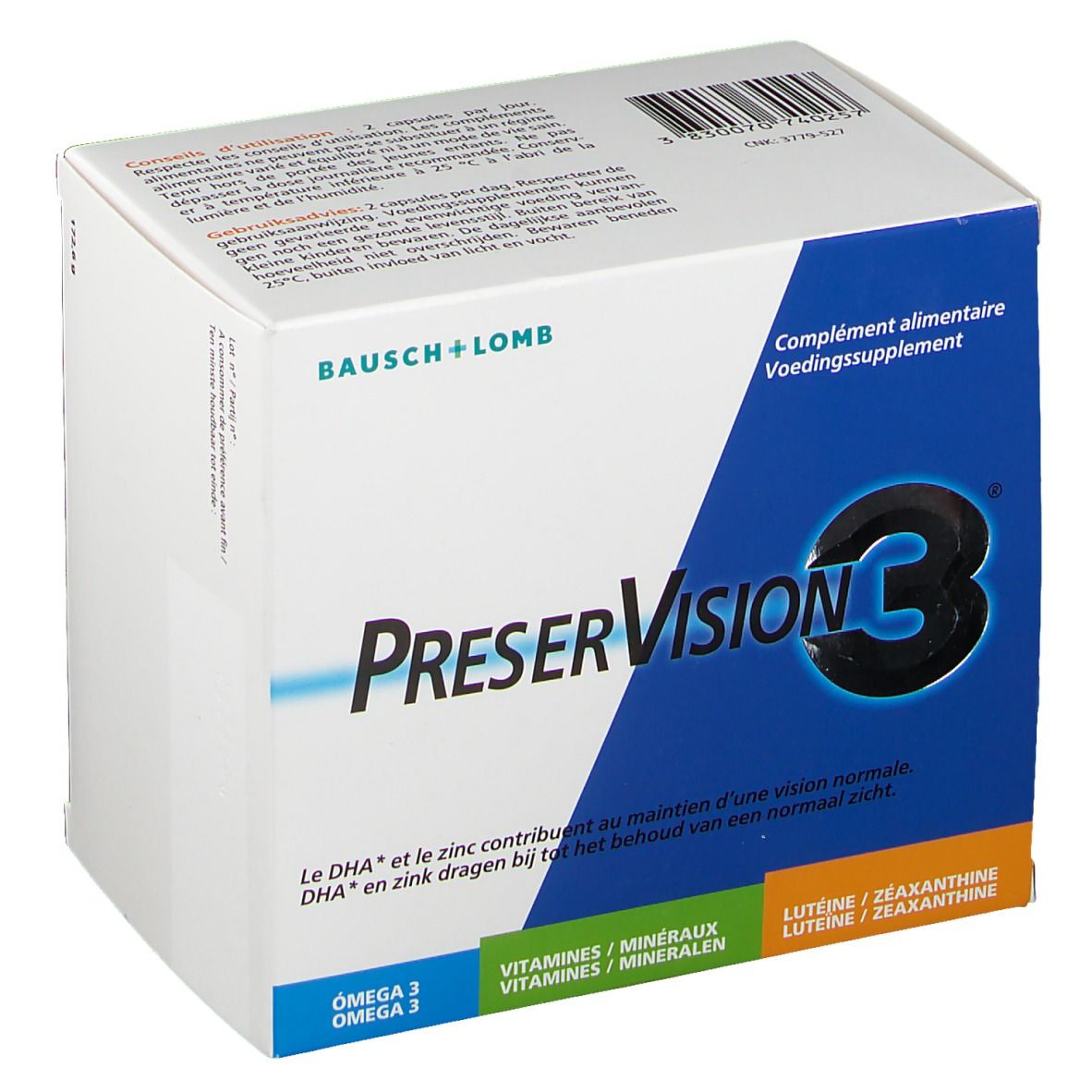 Boîte de PreserVision 3®. Carton blanc avec design bleu et orange. Contient des gélules. Logo Bausch + Lomb.