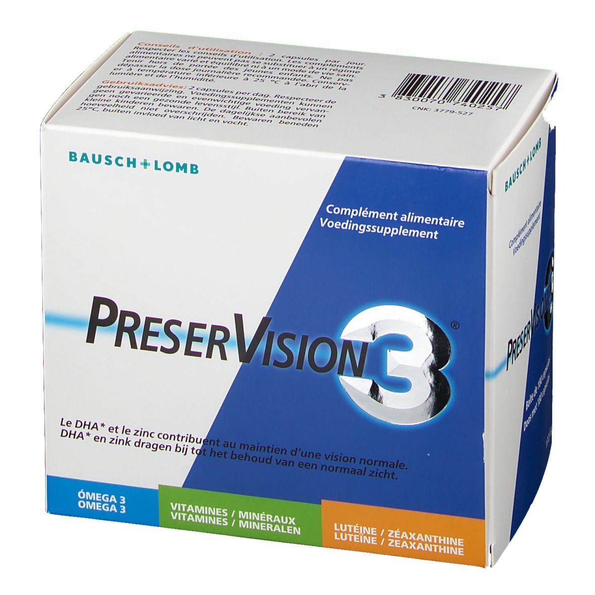 Boîte de PreserVision 3®. Carton blanc avec design bleu. Contient des gélules. Logo Bausch + Lomb.