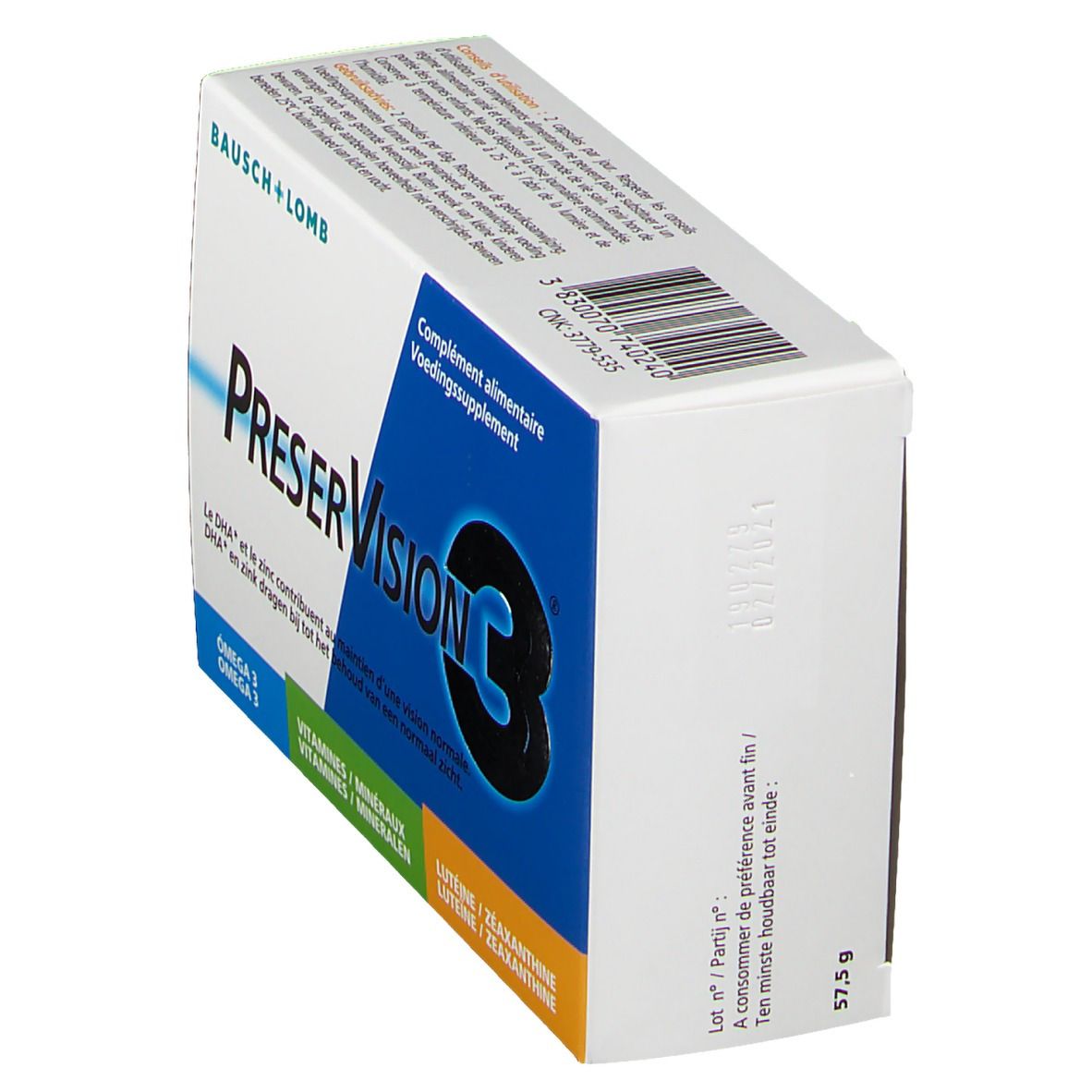 Bausch + Lomb PreserVision 3®-Verpackung, schräg. Weiß-blaue Schachtel mit Produktnamen und Inhaltsstoffen. Enthält 60 Kapseln.