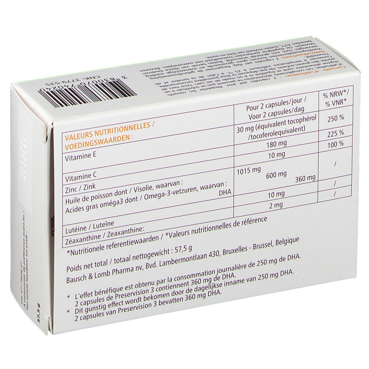 Rückseite der Bausch + Lomb PreserVision 3®-Verpackung. Enthält Nährwertangaben und Inhaltsstoffe. Nettogewicht: 57,5 g.