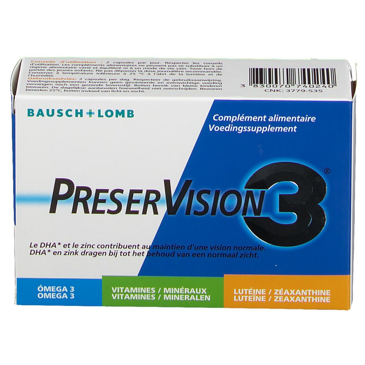 Bausch + Lomb PreserVision 3®-Verpackung. Weiß-blaue Schachtel mit Produktnamen und Inhaltsstoffen. Enthält 60 Kapseln.