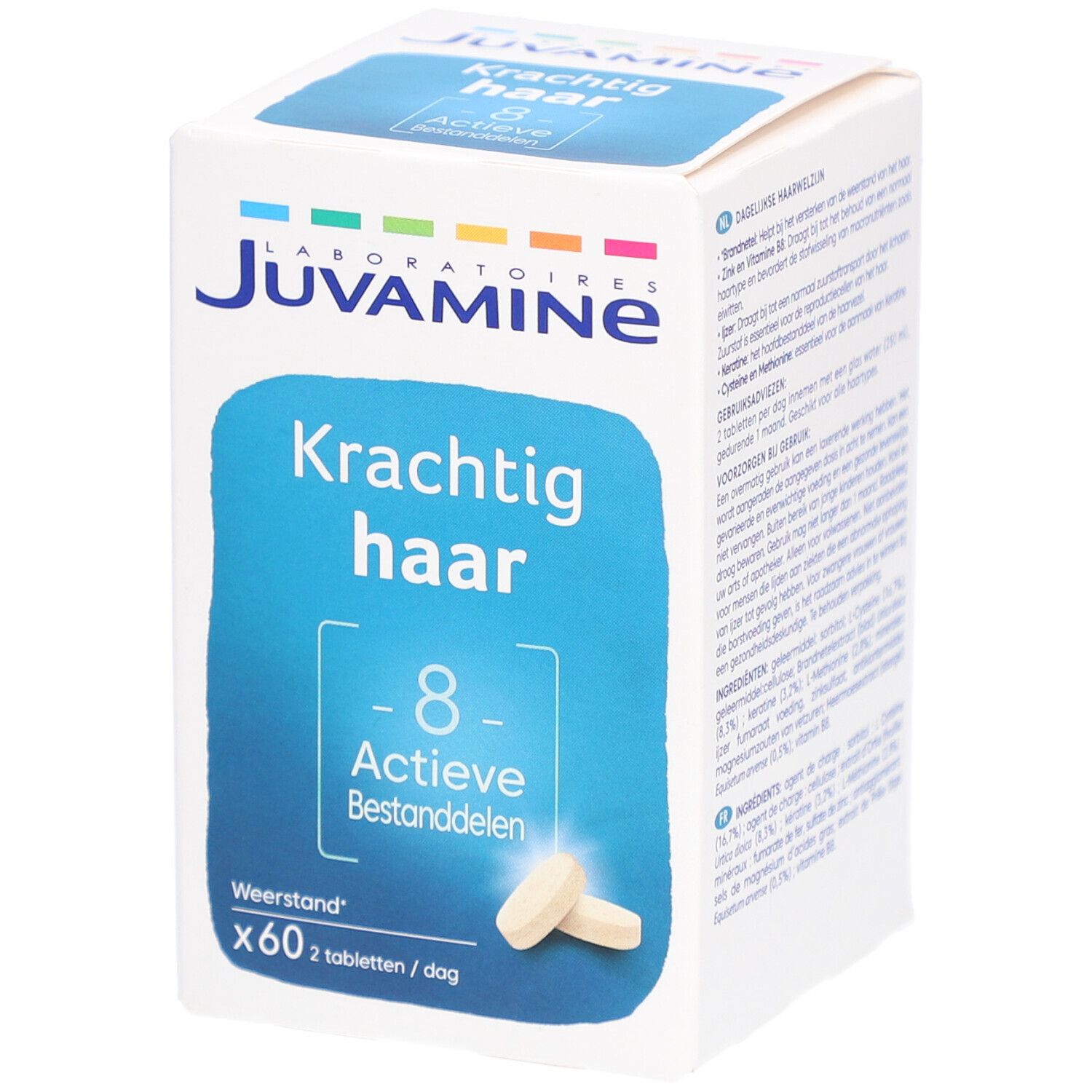 Boîte Juvamine avec 'Krachtig haar' et '8 Actieve Bestanddelen'. Deux comprimés visibles.
