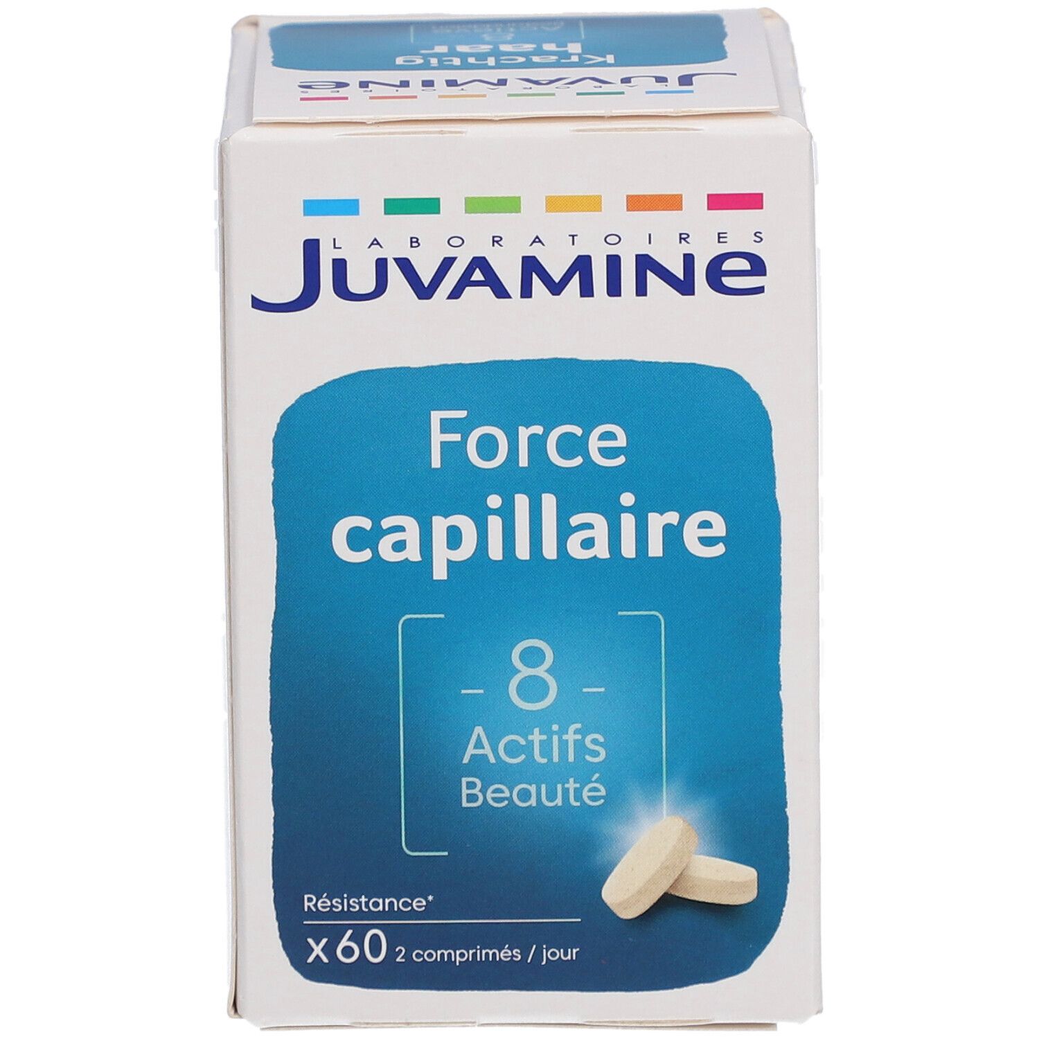 Boîte Juvamine avec 'Force capillaire' et '8 Actifs Beauté'. Deux comprimés visibles.