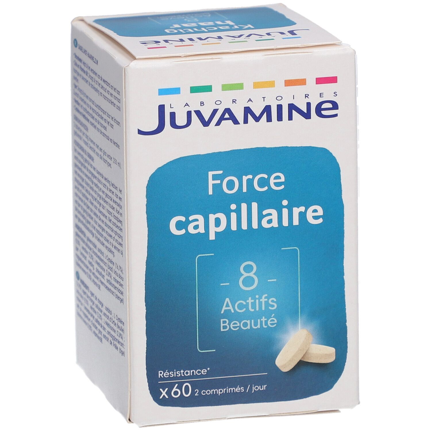 Boîte Juvamine avec 'Force capillaire' et '8 Actifs Beauté'. Deux comprimés visibles.