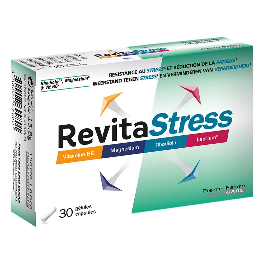 Boîte de gélules "RevitaStress". Contient 30 gélules. Inscriptions: Vitamine B6, Magnésium, Rhodiola, Lactium. Pierre Fabre.