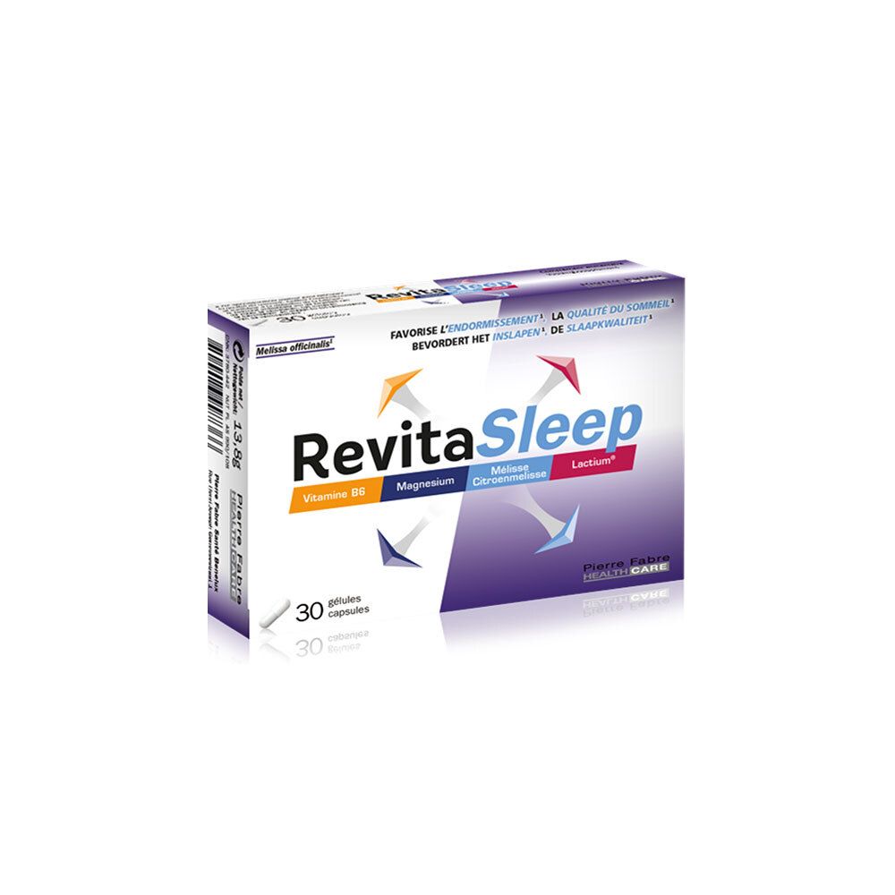 Boîte de gélules RevitaSleep. Contient 30 gélules. Inscriptions : Vitamine B6, Magnésium, Mélisse, Lactium. Marque de santé.