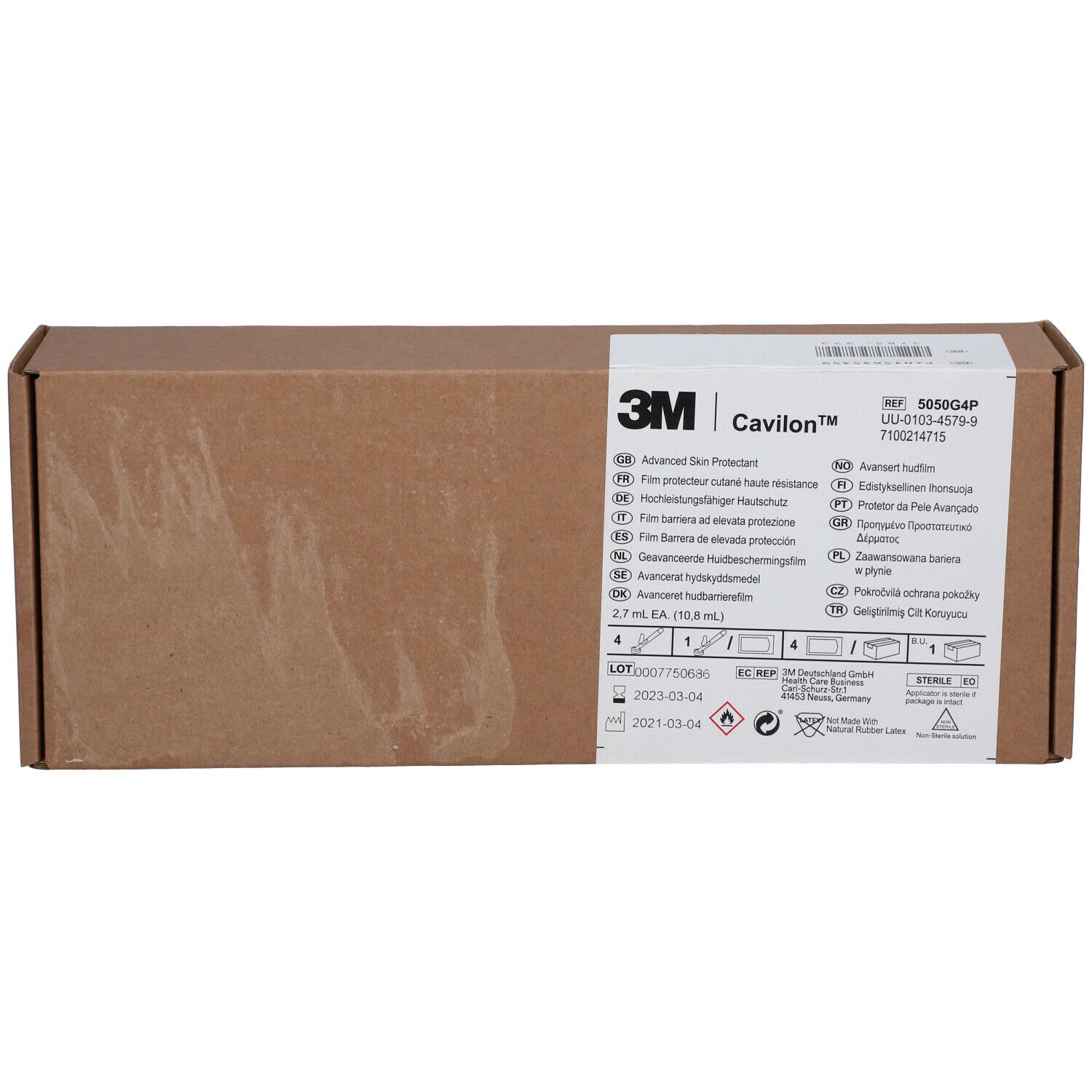 Kartonverpackung mit Produktinformationen. Aufschrift: 3M Cavilon. Enthält Informationen zu Hautschutz.