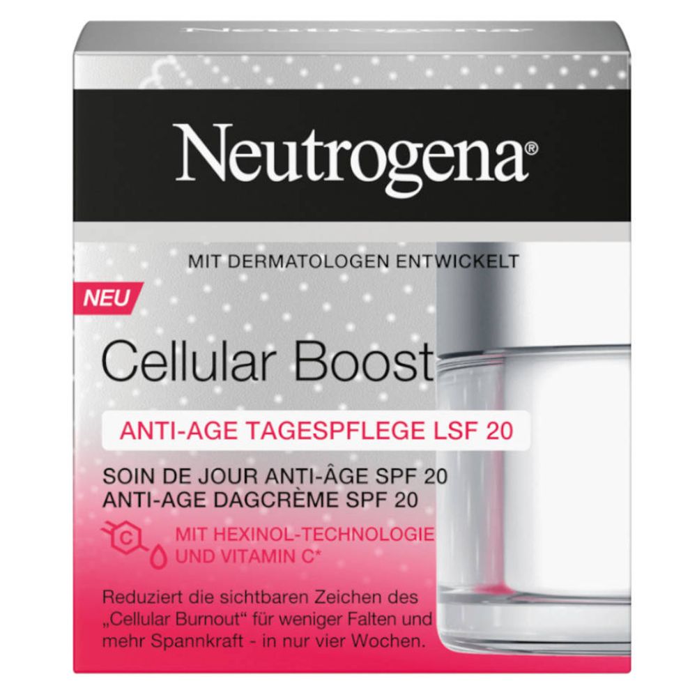 Emballage et pot. Inscription: Neutrogena Cellular Boost Anti-Age Tagespflege LSF 20. Développé avec des dermatologues.