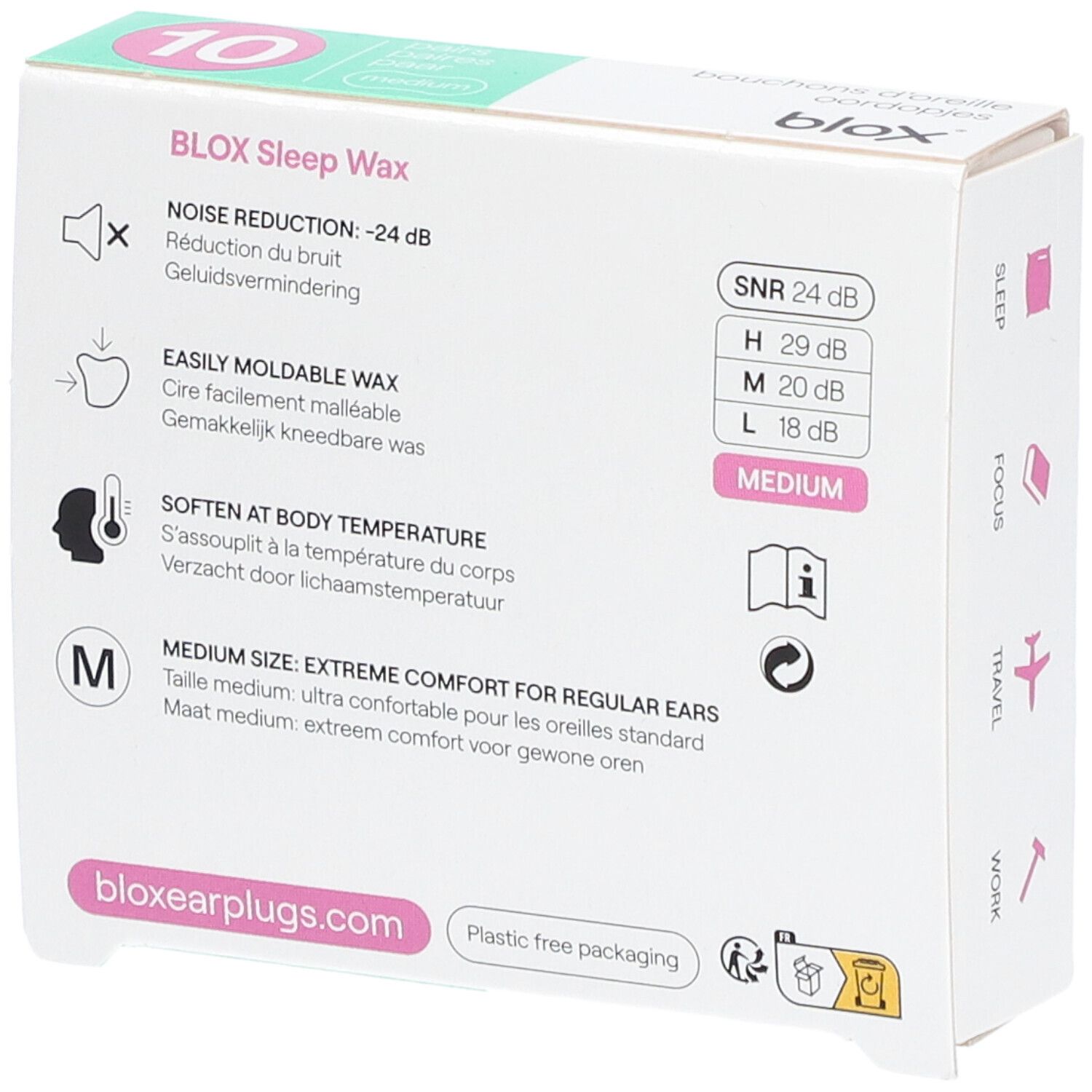 Verpackung für BLOK Sleep Wax, Lärmreduktion -24 dB, formbare Wachs, Medium Größe.