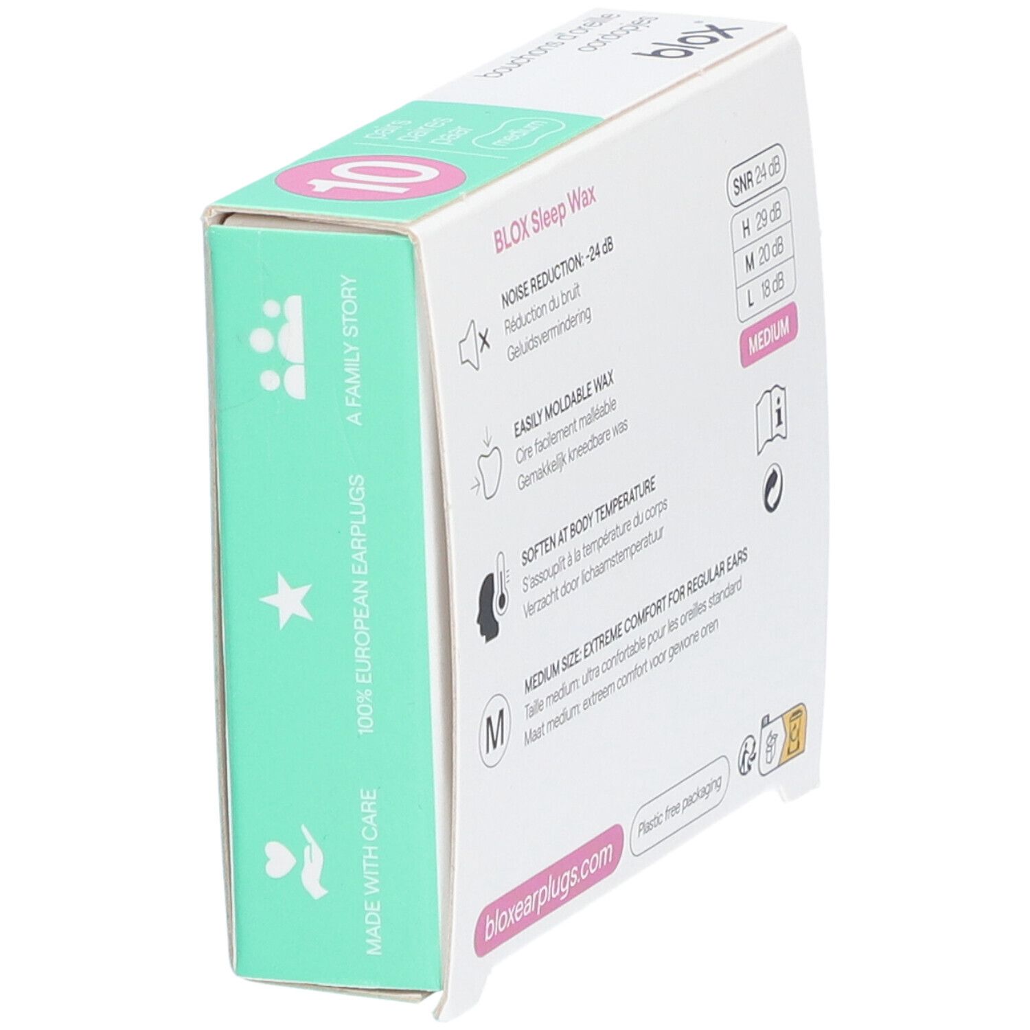 Verpackung für BLOX Sleep Wax Ohrstöpsel, Größe M, mit Lärmreduzierung von 24 dB.