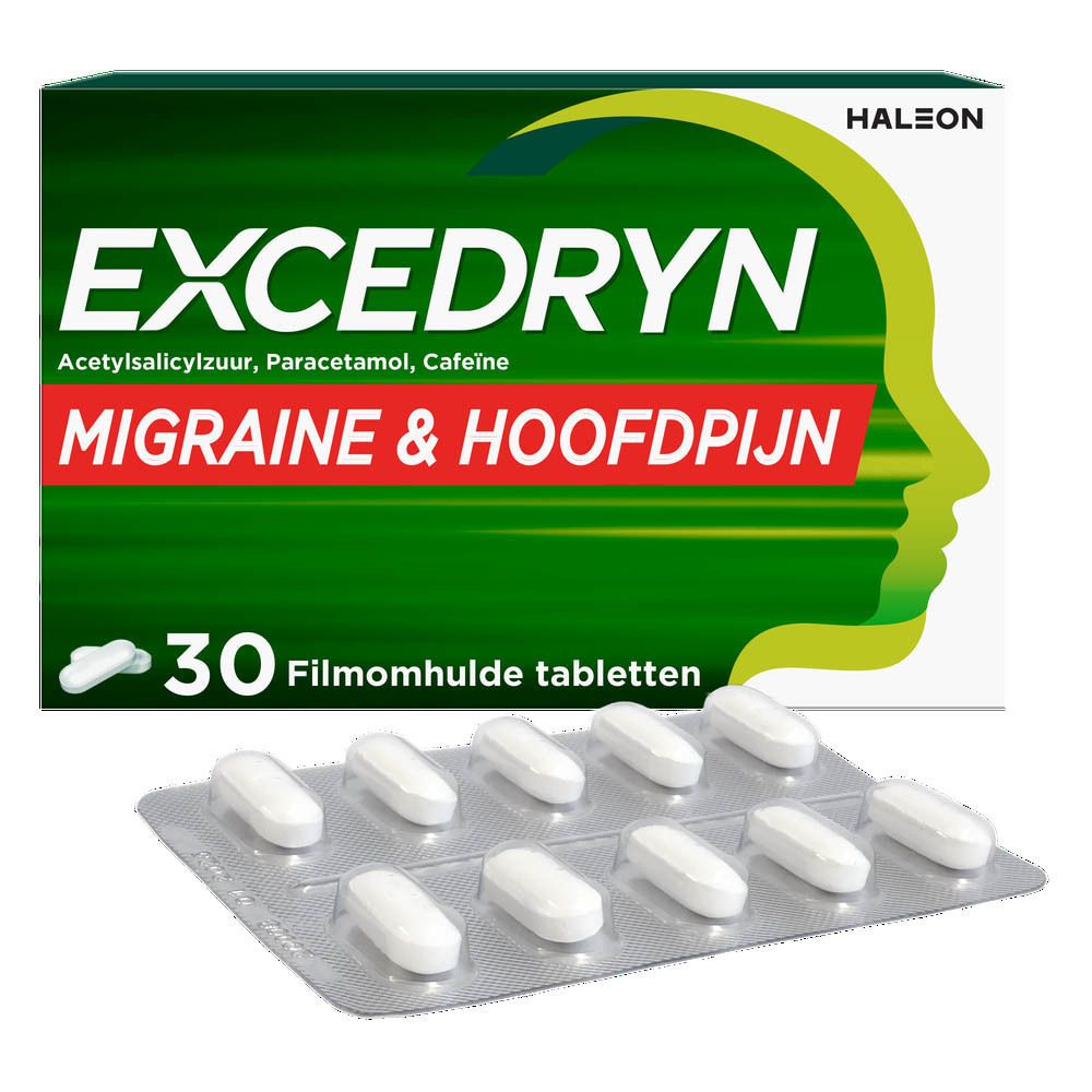 Excedryn verpakking met tabletten. Groen en wit. Tekst: Excedryn, 30 tabletten. Migraine en hoofdpijn.