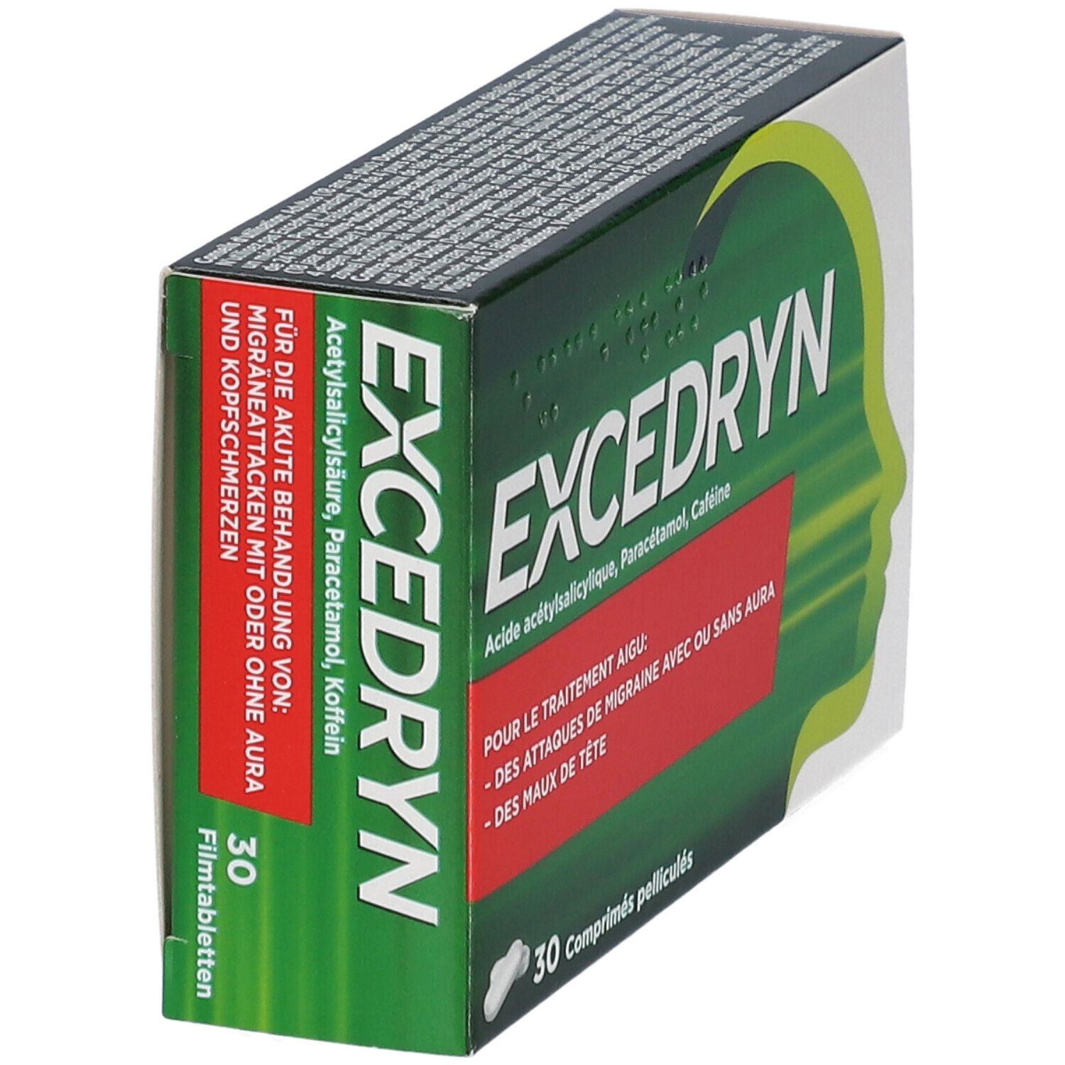 Boîte Excedryn. Vert et blanc. Texte: Excedryn, 30 comprimés pelliculés. Pour migraines et maux de tête.